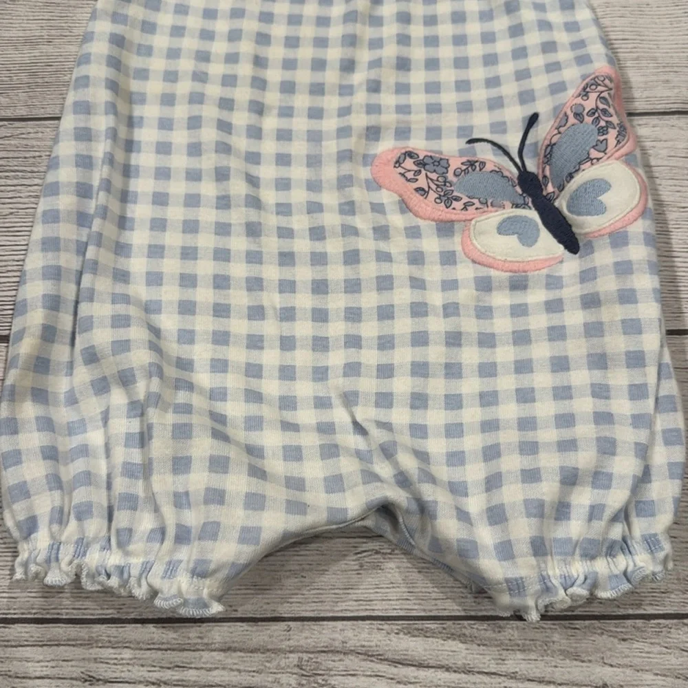 Carter’s Baby Girls Blue and White Gingham Check Romper with Butterfly